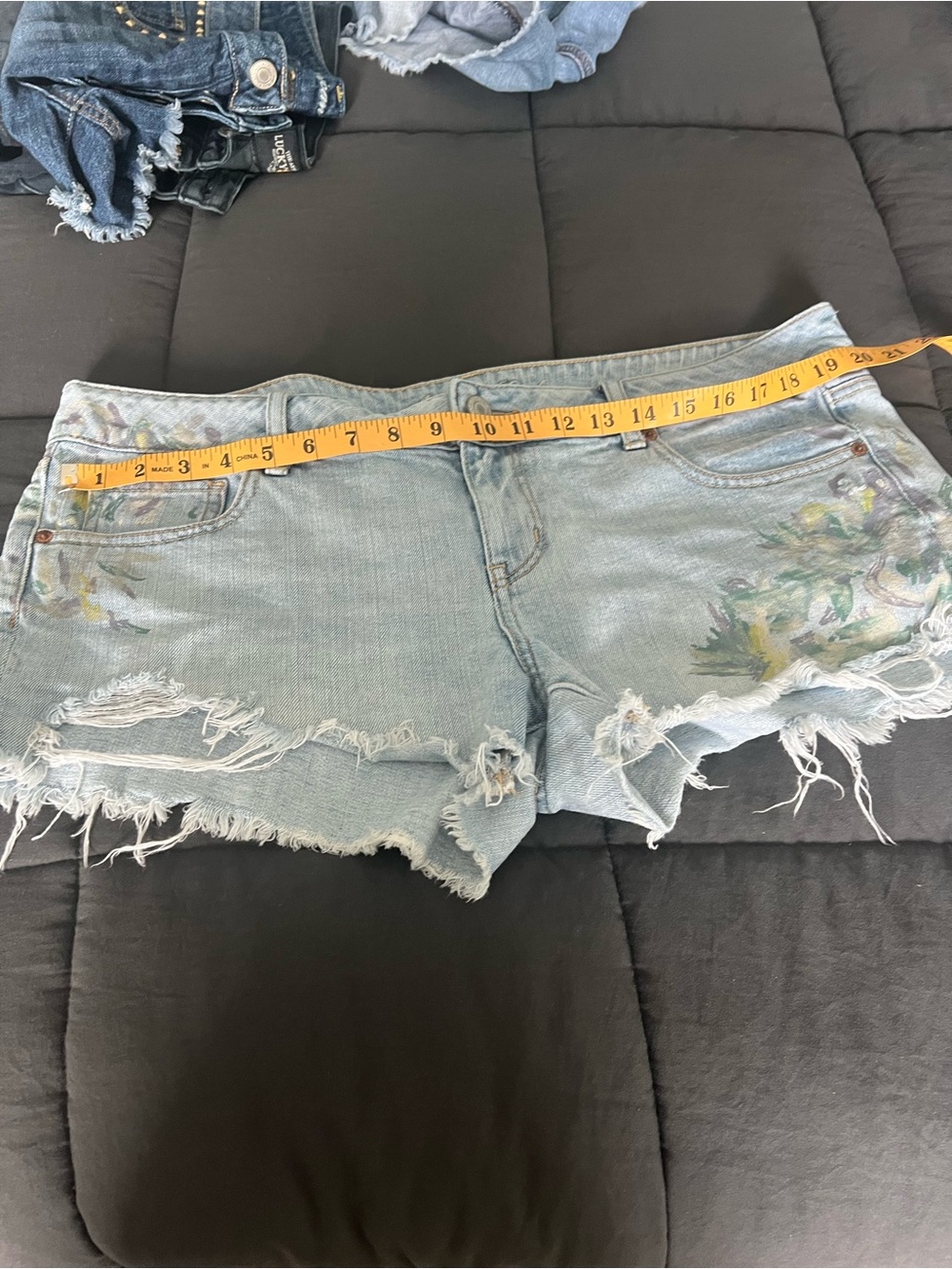 American Eagle Outfitters Light Blue Distressed Denim Shorts with Floral Paint